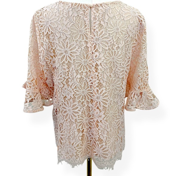 Nanette Lepore Floral Lace Crew Neck Bell Sleeve Top Shirt Large Light Pink - Picture 8 of 14